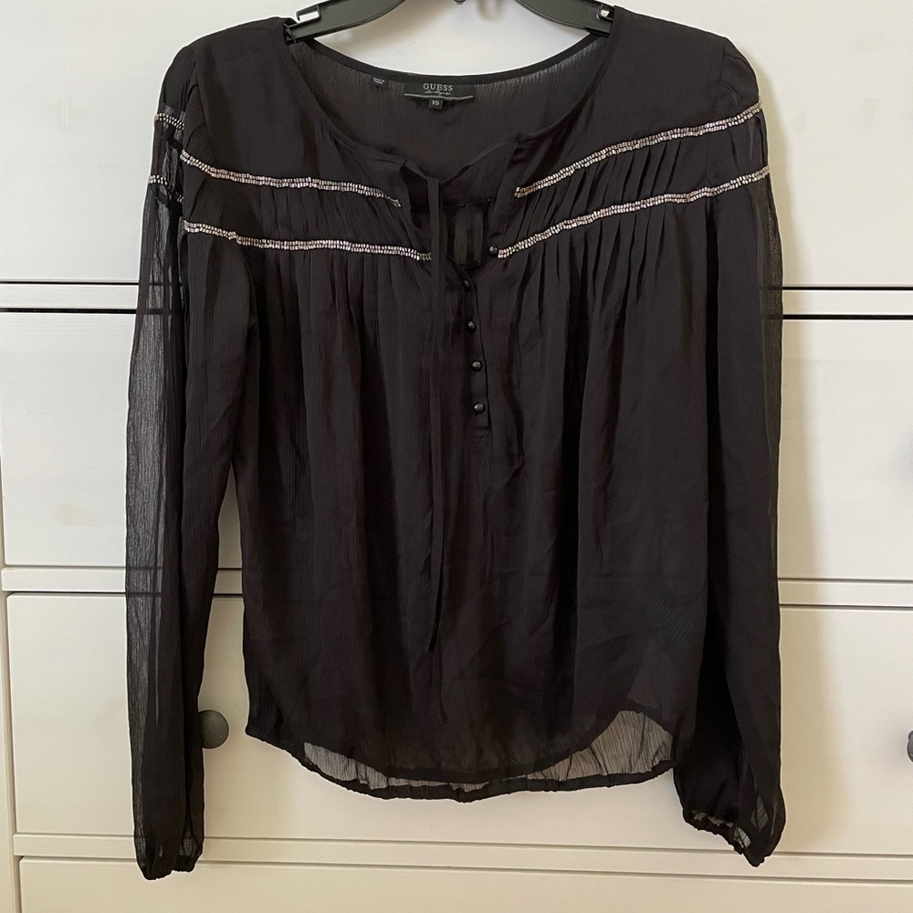 Guess sheer black blouse with beading